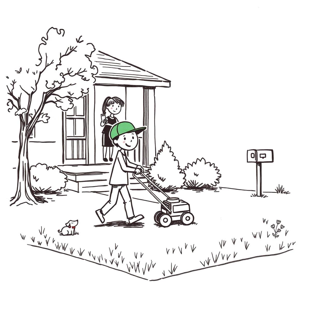Hand-drawn illustration of a teen mowing a neighbor's front lawn
